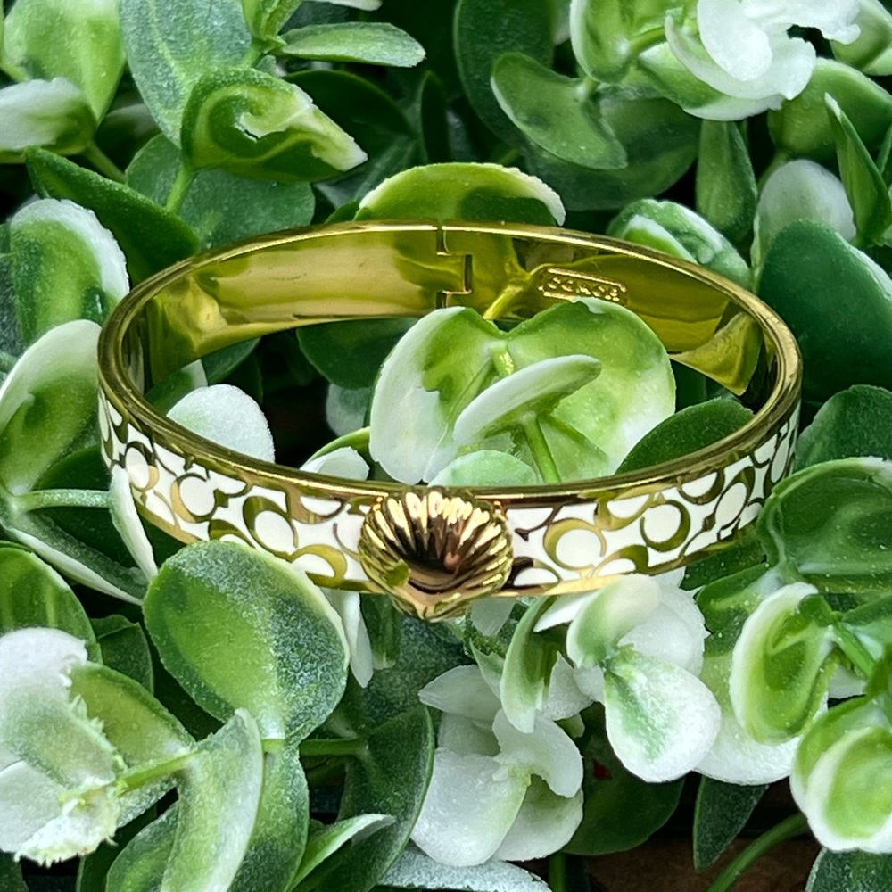 Coach Signature C Seashell Gold Plated White Bangle Clasp Bracelet, Authentic